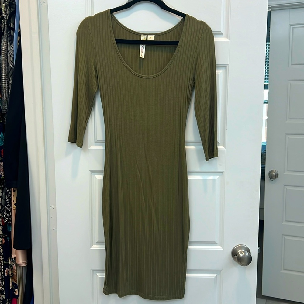 Olive green Ribbed Midi Bodycon Dress